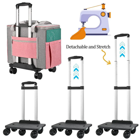 Foldable Deluxe Rolling Sewing Machine Case with wheels for most machines, detachable and foldable trolley, pink and grey design.
