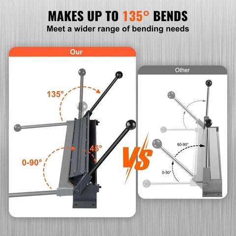 Comparison of 36 Inch Box And Pan Brake With Power Handle Bends 20 Gauge Steel And 14 Gauge Aluminum versus another bender with bending angles
