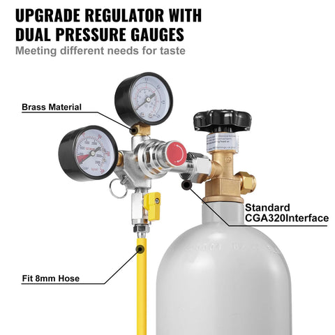 CO2 regulator with dual gauges, brass body, CGA320 interface, 8mm hose