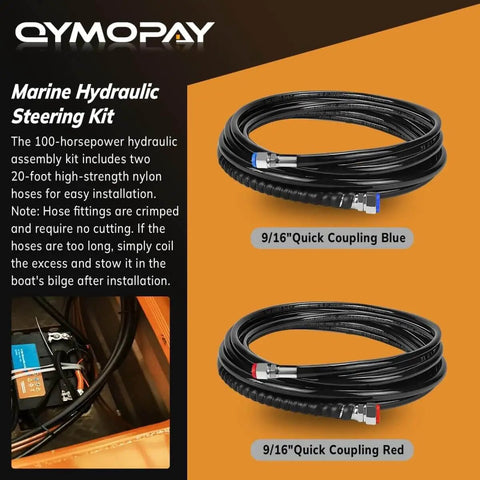 150HP Marine Pro-Grade Hydraulic Outboard Steering Kit with 24 ft nylon hoses and bi-directional locking cylinders shown.