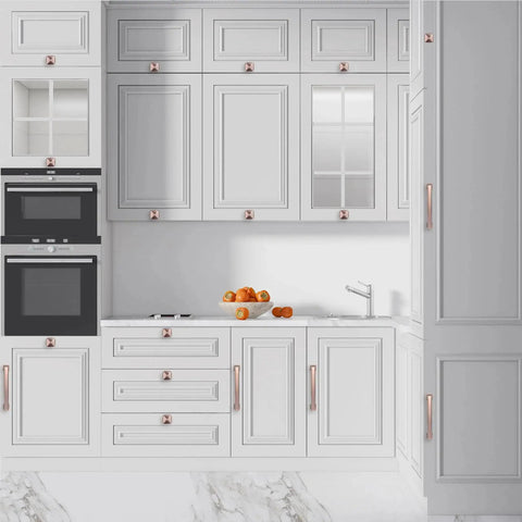 Modern kitchen with 7 and a half inch antique copper cabinet pulls handles solid zinc alloy square drawer pulls installed on white cabinets.