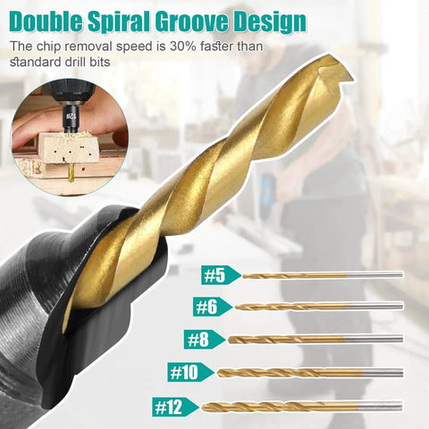 Five Piece Wood Countersink Drill Bit Set With Depth Stop And Adjustable Length For Precise Wood Finishing Includes Sizes 12 10 8 6 5 With Hex Key Pro Grade By OAOJUBR showing double spiral groove design and chip removal speed details
