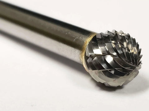 Close-up of Three Eighths Inch SD-3 Ball Burr Double Cut Solid Carbide Grinding Bit for Precision Deburring