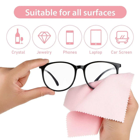 Person using 10 Pack Soft Microfiber Glasses Cleaning Cloths For Eyeglasses Cameras Phones to clean eyeglass lenses.