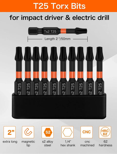 Magnetic Drill Bits T25 Torx For Impact Driver Set In S2 Steel Construction 10 Pack with magnetic hold, in storage case.