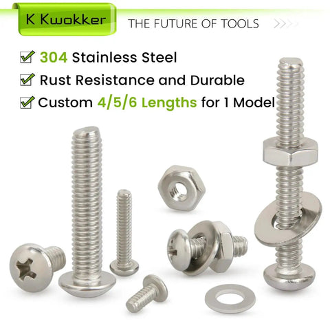 1110 Piece Nuts Bolts and Washers Set With 25 Sizes and 5 Models Stainless Steel 304 Screws and Nuts Assortment Kit For DIY Projects Repairs and Heavy Duty Hobby Work, shown with screws, nuts, and washers arranged together.
