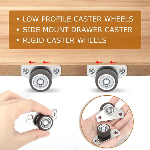 Tiny 1.25 Inch Side Mount Caster Wheels Set Of 4 shown mounted, highlighting low profile design and side mount installation.