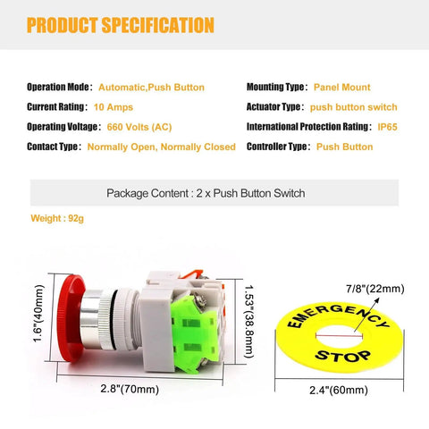 RuoFeng 22mm red mushroom emergency stop push button with green terminal block and yellow 60mm emergency stop sign, 2 pcs