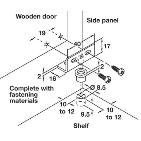 Diagram of Black Concealed Hinges For Inset Doors Pair, 40mm Wide, 17mm High, 16mm Deep, with 8.5mm drill bit requirement, includes screws.