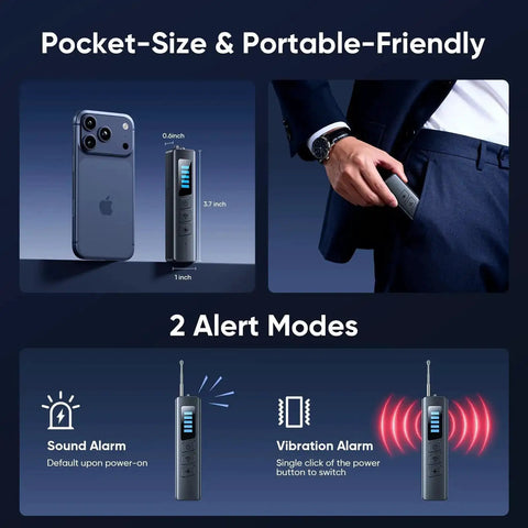 All In One Hidden Spy Camera Detector With RF Signal Scan next to smartphone and being placed in pocket with alert modes shown.