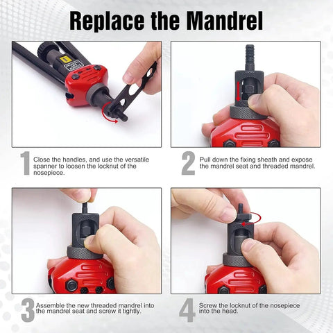 Step-by-step guide for replacing the mandrel in Mandrel Set 3 8 16 With 10 Rivet Nuts For Nutsert Tools Fits RZX Riveters