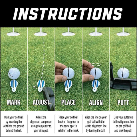 Instructions for using Game-Changing 360 Degree Alignment Golf Ball Marker And Putting Aid For Precise Putts Rotate To Aim USGA Compliant Blue Gift For Men And Women Golfers, showing steps to mark, adjust, place, align, and putt.