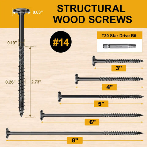 Size 14 x 3 Inch Wood Structural Lag Screws, 54 Pack, Star Drive Decking Screws For Timber And Log Landscaping, Rust Resistant Carbon Steel