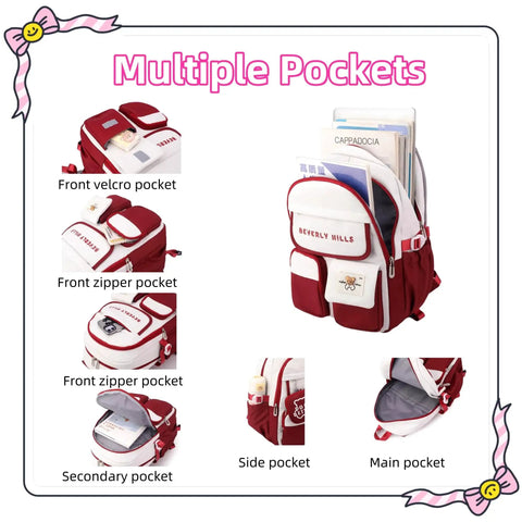 Color Blocking Rolling Backpack For Girls With Wheels Kawaii Trolley Bag For Primary Students with multiple pockets visible.