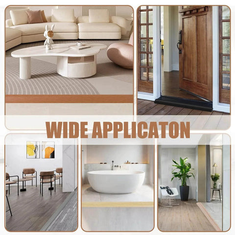 Collage showing Floor Transition Strip Door Threshold 39" applied in various interior settings, illustrating versatility and self-adhesive use.