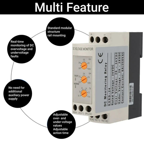 Voltage Monitoring Relay With Adjustable Over And Under Voltage Protection Delay Timer 35mm DIN Rail Mount DC 24V