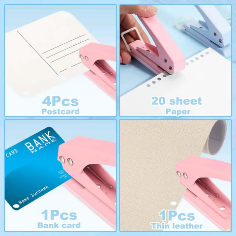 Collage showcasing 1/4 Inch Hole Punch Handheld Heavy Duty Paper Puncher with Silicone Grip used on postcard, paper, bank card, thin leather