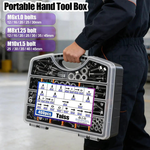 Person holding 400 Piece Metric Flange Bolt Set With 10.9 Grade M6x1.0 M8x1.25 And M10x1.5 Bolts In a Carrying Case