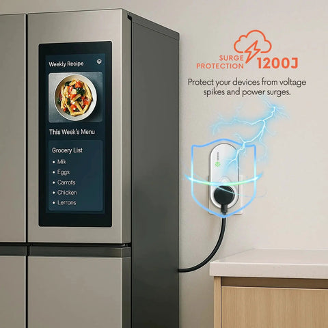 Beefy Built Refrigerator Surge Protector With 1200J Surge, Voltage Guard connected to wall near a refrigerator display