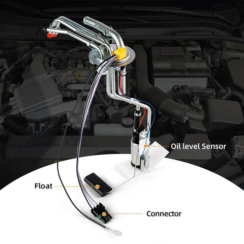 Electric Fuel Pump Assembly For Chevy And GMC Trucks 1996 1997 C1500 C2500 C3500 K1500 K2500 K3500 4.3L 5.0L 5.7L 7.4L Replace E3622S P80001S HP10001 Direct Fit Plug And Play image showing detailed assembly with labeled parts including oil level sensor, float, and connector.