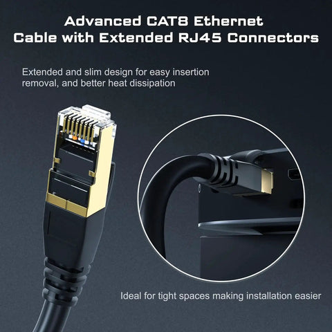 Close-up view of Cat8 Ethernet Cable 6ft Outdoor Indoor Heavy Duty 26AWG 2000MHz UV Resistant with extended RJ45 connectors.