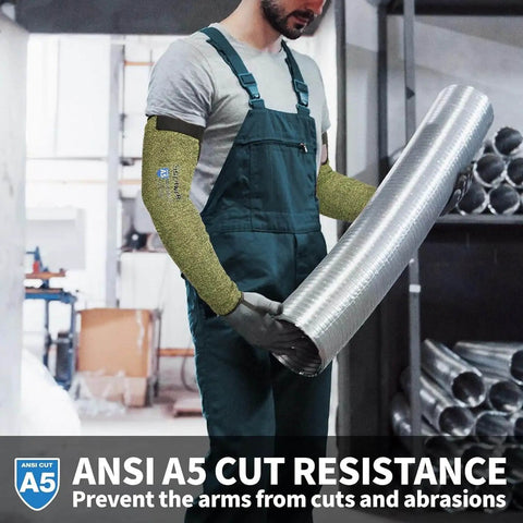 Worker wearing Core Arm Protection Sleeves S081 10 Pairs With Thumbhole, ANSI A5 Cut Resistant And Flame Resistant Welding Sleeves.