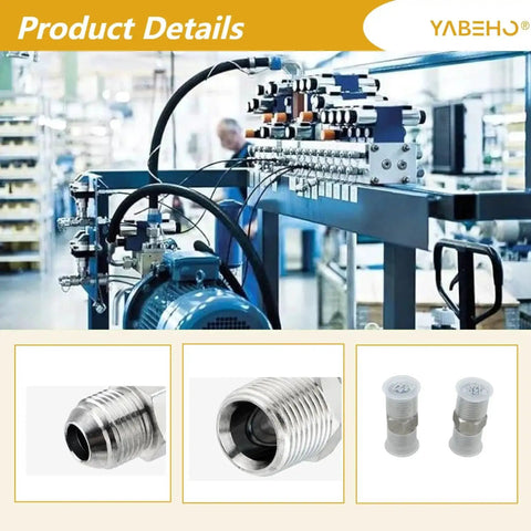 Hydraulic machinery setup with close-up of Two Pack Hydraulic Hose Fittings Three Eighths JIC 37 Degree Male To Three Eighths NPT Male Straight Tube Connectors with protective caps.