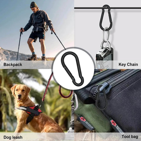 1.57 Inch Heavy Duty Carabiner Clip Hook Set Of 10 Black Spring Snap Hooks Keychain displayed in various uses such as backpack, tool bag, and dog leash.