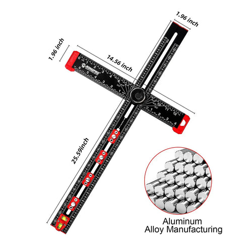 4 In 1 Adjustable T Square Measuring Tools With A 24 Inch Aluminum Ruler Protractor Bevel Gauge And Square For DIY Woodworking Pro Grade Quality Handy Cabinet Hardware Jig Marking Gauge Kit Includes Portable Storage Bag In Black, shown with dimensions and aluminum material close-up.
