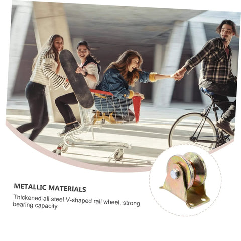 Family riding in shopping cart and bike; inset shows Groove Sliding Gate Track Roller Wheels Set Heavy Duty And Easy Install Bolt Fixed.