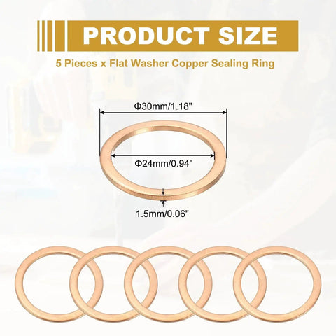 Graphic of Copper Crush Washers 24mm ID 30mm OD 1.5mm Thick 5 Pack High Quality Flat Sealing Rings with product size details