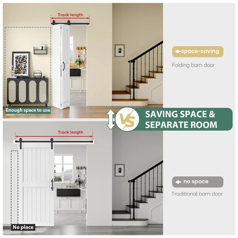 Comparison of 36 Inch By 84 Inch Bifold Barn Door System With Hardware Kit Included For Two Doors and traditional door, showing space-saving benefits.