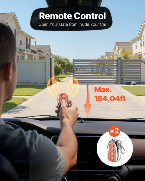 Solar Sliding Gate Opener System With 280W Motor That Powers Gates Up To 65.6 Ft And 1799 Lbs, Includes Two Remote Controls And Solar Panel For Easy, No Fuss Driveway Gate Access, shown with person using remote from car.