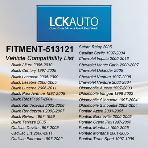 Vehicle compatibility list for Front Wheel Hub Bearing Assembly 513121 with models shown including Chevy, Buick, Cadillac.