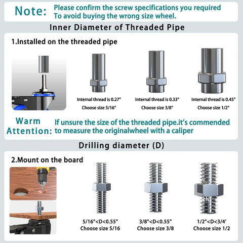 Diagram showing installation of 4 Inch Heavy Duty Stem Caster Wheels Set Of Four with Locking Swivel Casters on threaded pipe and board