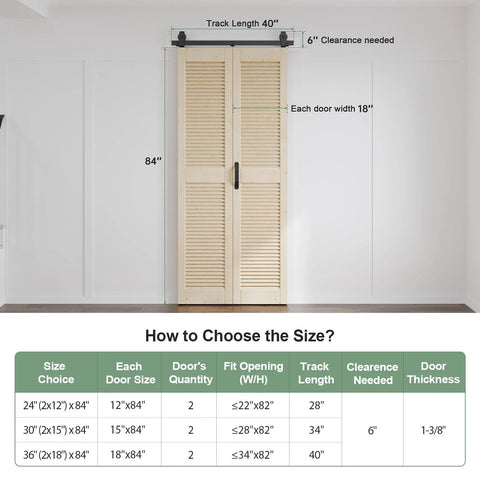 Space Saving Bifold Barn Door Set 36 X 84 Inch Double 18 X 84, Louver Sliding Closet Wood Bi-Folding Doors With 40 Inch Top Mount Track Kit, shown installed.