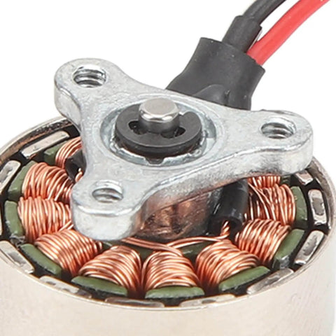 Close-up of Beefed Up High Performance 1503 Brushless Motor for RC Airplanes and Multicopters, metal core, copper winding.