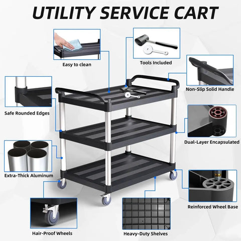 Three Tier Rolling Service Cart With Tangle Free Swivel Wheels And Two Brakes Heavy Duty 450 Lb Capacity Commercial Serving Cart