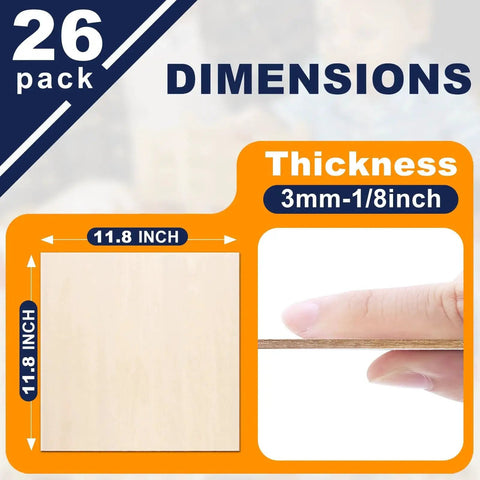 Basswood Sheets For Laser Cutting And DIY Crafts, 11.8 x 11.8 Inch Unfinished Plywood, 26 Packs, 1/8 Inch Thick 3mm dimensions