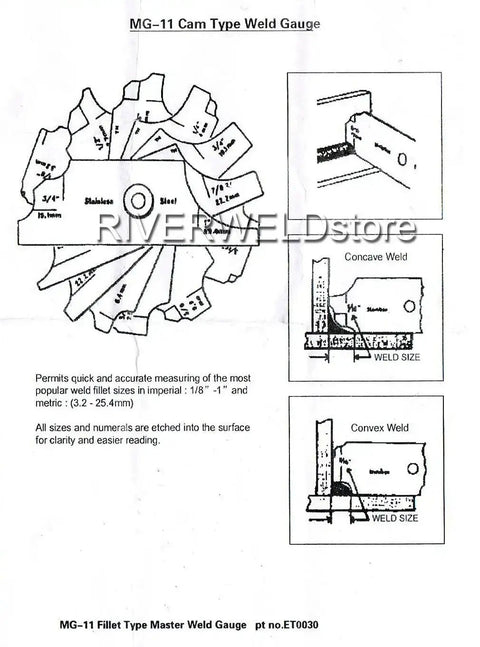 Diagram of MG-11 Cam Type Weld Gauge with measurements for concave and convex welds, showing metric and inch units.