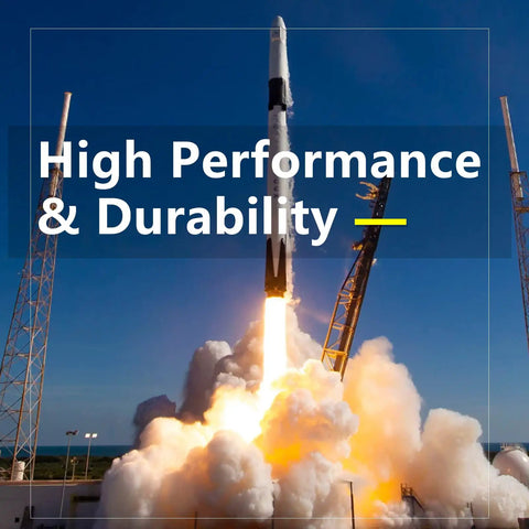 Rocket launching with bright flames and smoke against clear blue sky, labeled 'High Performance & Durability'.