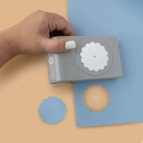 Hand using 2 Inch Scallop Circle Paper Punch For Scrapbooks And Card Making, Metal Craft Punch With Stackable Design That Locks Shut, Gray Finish