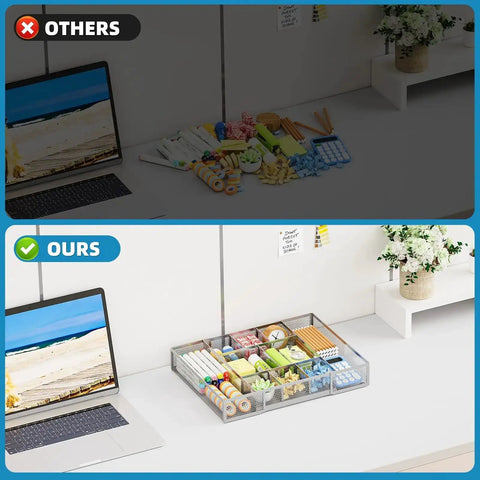 Expandable Desk Drawer Organizer Mesh Tray With 10 Adjustable Compartments displaying neatly sorted office supplies on a desk.