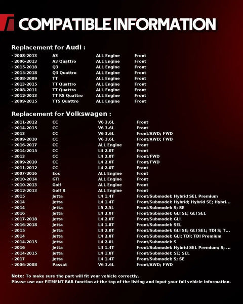 Vehicle compatibility list for Audi and Volkswagen wheel bearing hub assembly