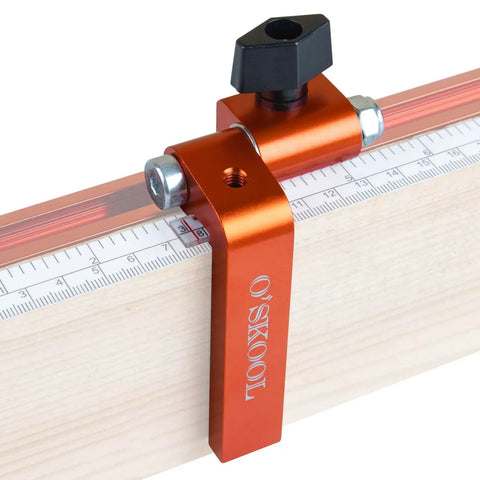 3 Inch T Track Fence Flip Stop Repeater With Indexing Cursor attached to a wooden jig for woodworking precision and adjustments