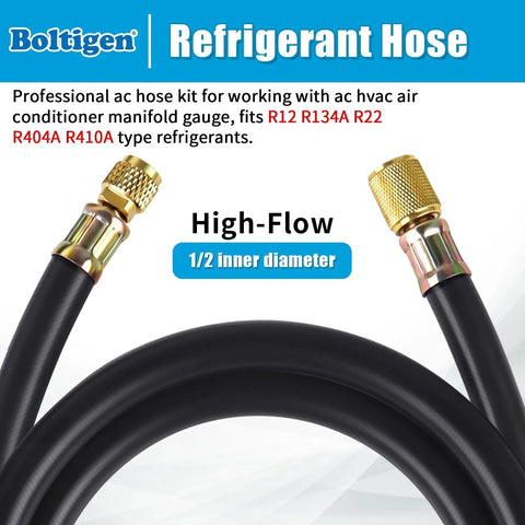 High Flow Half Inch ID Vacuum Refrigerant Hose For HVAC Systems Six Foot Long With Three Eighths To One Quarter Flare Fittings Vacuum Certified For AC And Refrigeration Burst Pressure 3200 PSI Working Pressure 640 PSI Black Boltigen