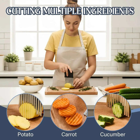 Stainless Steel Crinkle Cutter For Fries And Veggies Large Wavy French Fry Slicer With Non Slip Handle in use slicing vegetables