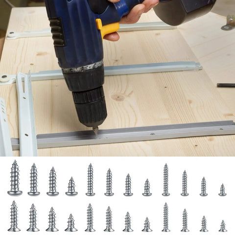 Close-up of a drill inserting a 990 Pcs Self Tapping Screws Assortment Kit In Stainless Steel M3, M4, M5, M6 into wood.