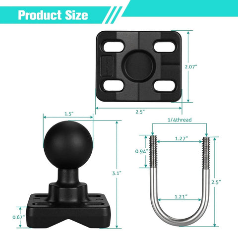 Diagram showing dimensions of Double U Bolt 1.5 Inch Mount Base For Rails 0.75 To 1.21 Inch Diameter Compatible With C Size 1.5 Inch Double Socket Arm.