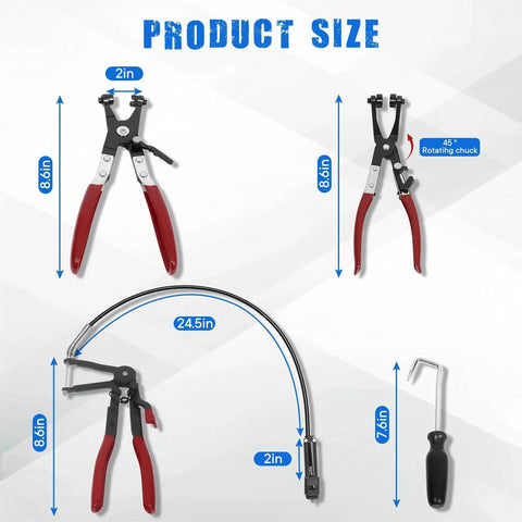 4 Piece Long Reach Hose Clamp Pliers Tool Set With Premium Hard Case For Automotive Radiator Hose Clamp Remover Flexible Wire Pliers Designed For Coolant Heater And Water Hose Maintenance And Repairs, showing tool sizes and dimensions